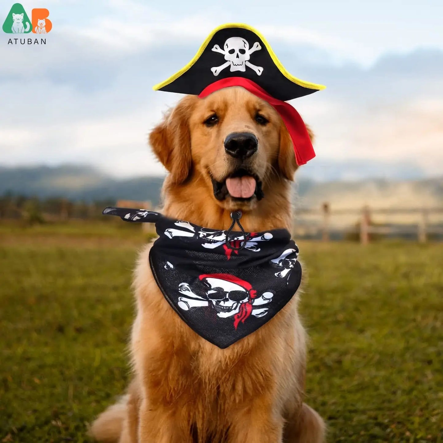 ATUBAN Skull Print Pet Pirate Hat with Pirate Skull Bandana Dog Cat Captain Cap Halloween Pirate Cosplay Costume Halloween Party