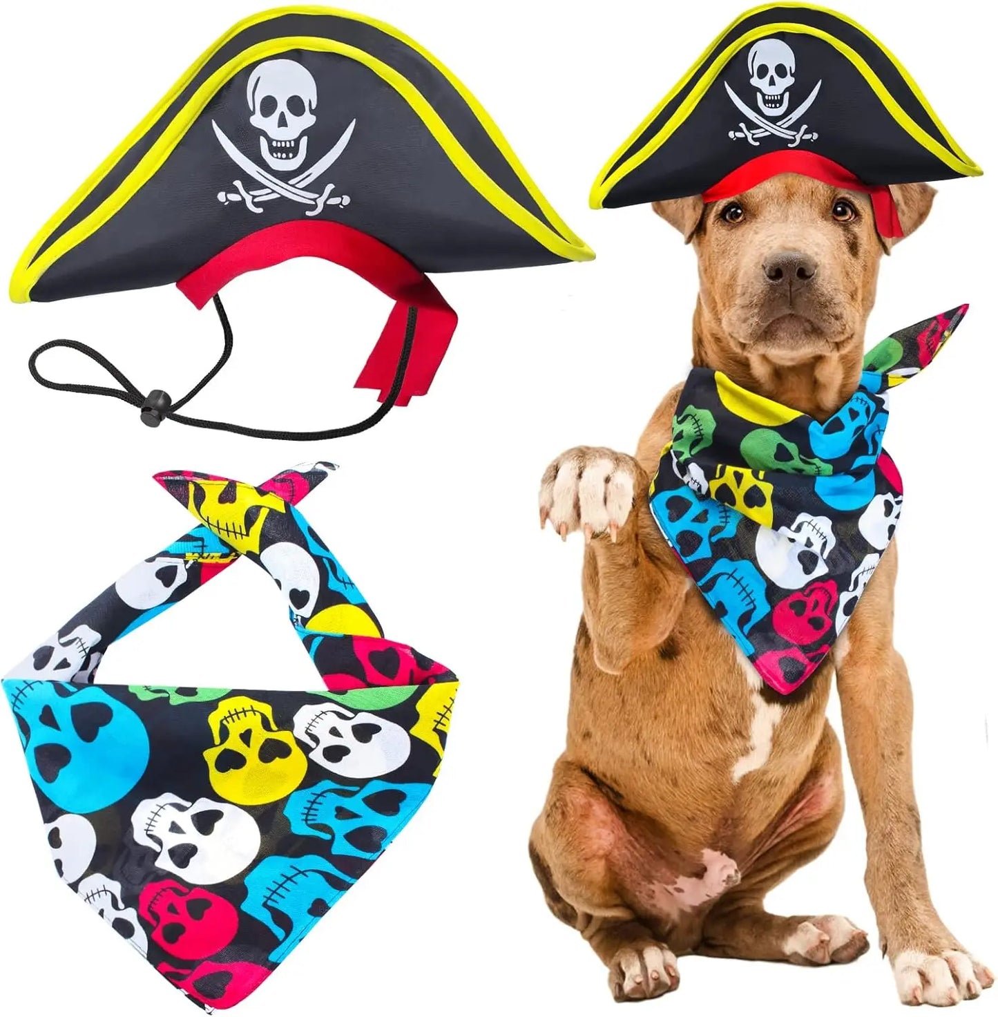 ATUBAN Skull Print Pet Pirate Hat with Pirate Skull Bandana Dog Cat Captain Cap Halloween Pirate Cosplay Costume Halloween Party