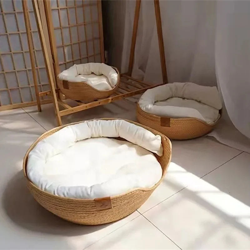 Bamboo Weaving Cat Bed Sofa House - Eco-Friendly Warm Pet Nest for Indoor Cats, Small Medium Cat Furniture Pet Sleeping Supplies