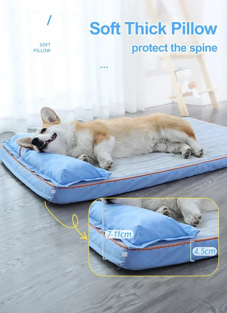 Kühlendes Hundebett für den Sommer, für große und mittelgroße Hunde, Welpen, orthopädische Memory-Schaum-Matte mit Kissen, atmungsaktiv, wasserdicht, waschbar