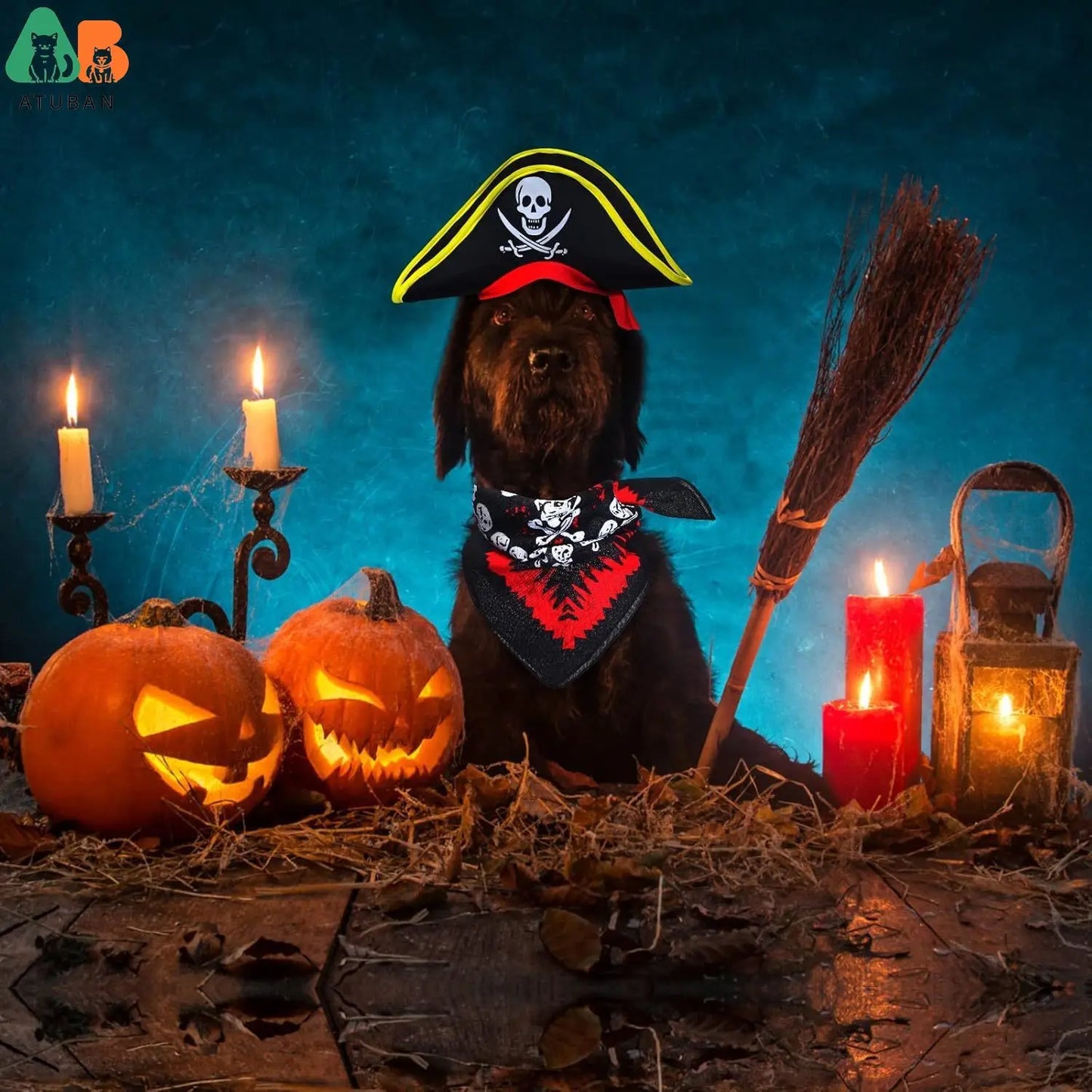 ATUBAN Skull Print Pet Pirate Hat with Pirate Skull Bandana Dog Cat Captain Cap Halloween Pirate Cosplay Costume Halloween Party