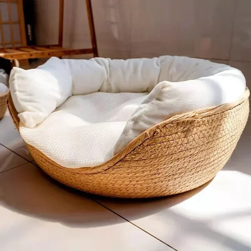Bamboo Weaving Cat Bed Sofa House - Eco-Friendly Warm Pet Nest for Indoor Cats, Small Medium Cat Furniture Pet Sleeping Supplies