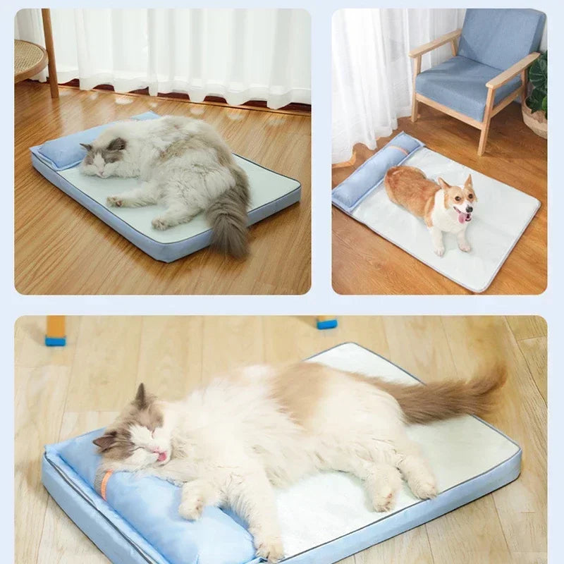 Kühlendes Hundebett für den Sommer, für große und mittelgroße Hunde, Welpen, orthopädische Memory-Schaum-Matte mit Kissen, atmungsaktiv, wasserdicht, waschbar