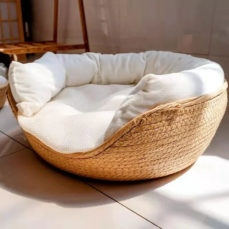 Bamboo Weaving Cat Bed Sofa House - Eco-Friendly Warm Pet Nest for Indoor Cats, Small Medium Cat Furniture Pet Sleeping Supplies