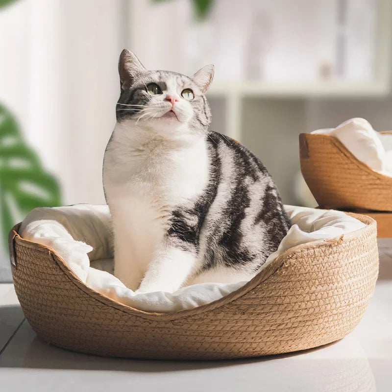 Bamboo Weaving Cat Bed Sofa House - Eco-Friendly Warm Pet Nest for Indoor Cats, Small Medium Cat Furniture Pet Sleeping Supplies
