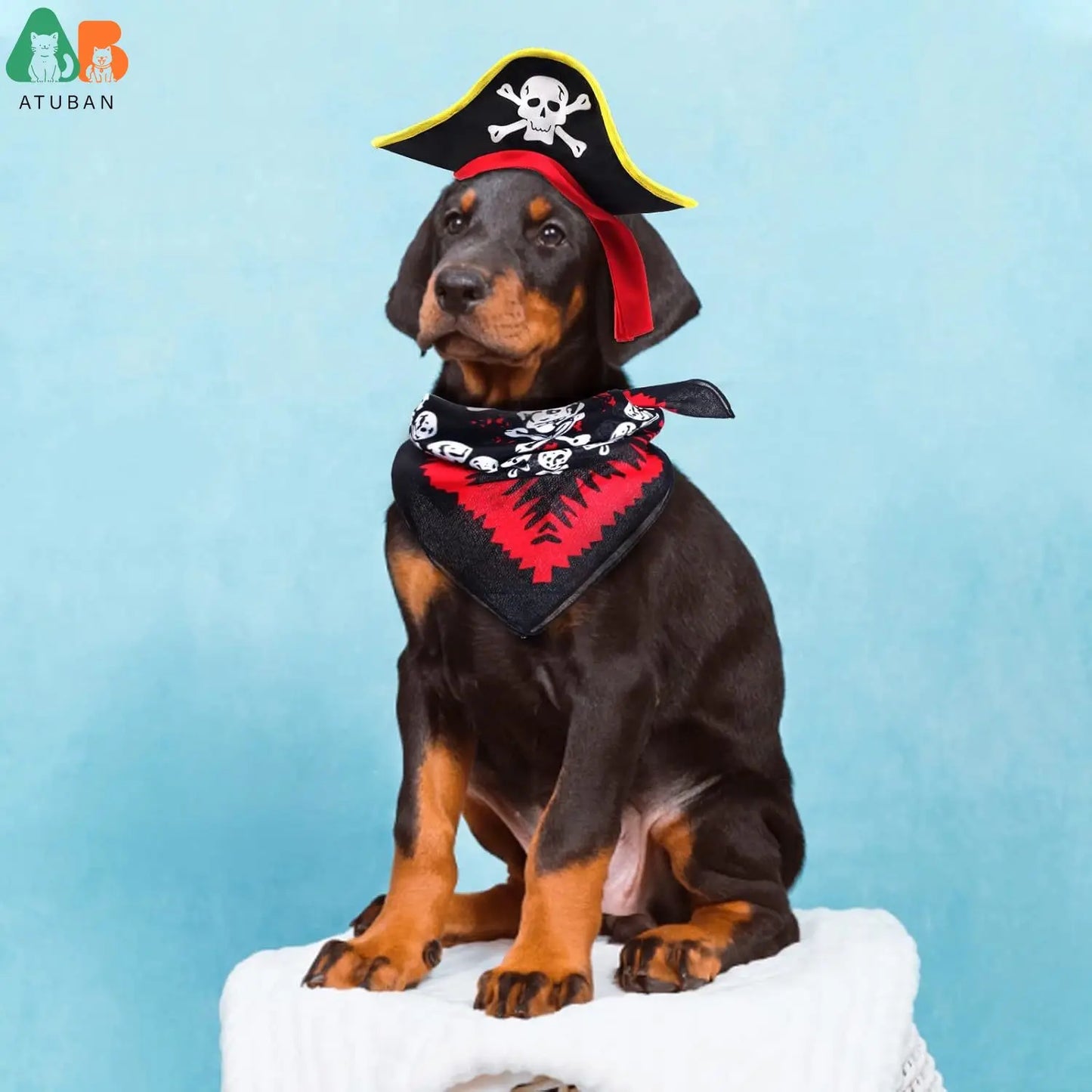 ATUBAN Skull Print Pet Pirate Hat with Pirate Skull Bandana Dog Cat Captain Cap Halloween Pirate Cosplay Costume Halloween Party