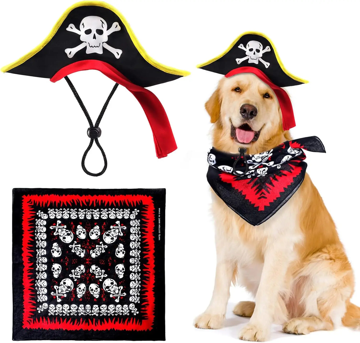 ATUBAN Skull Print Pet Pirate Hat with Pirate Skull Bandana Dog Cat Captain Cap Halloween Pirate Cosplay Costume Halloween Party