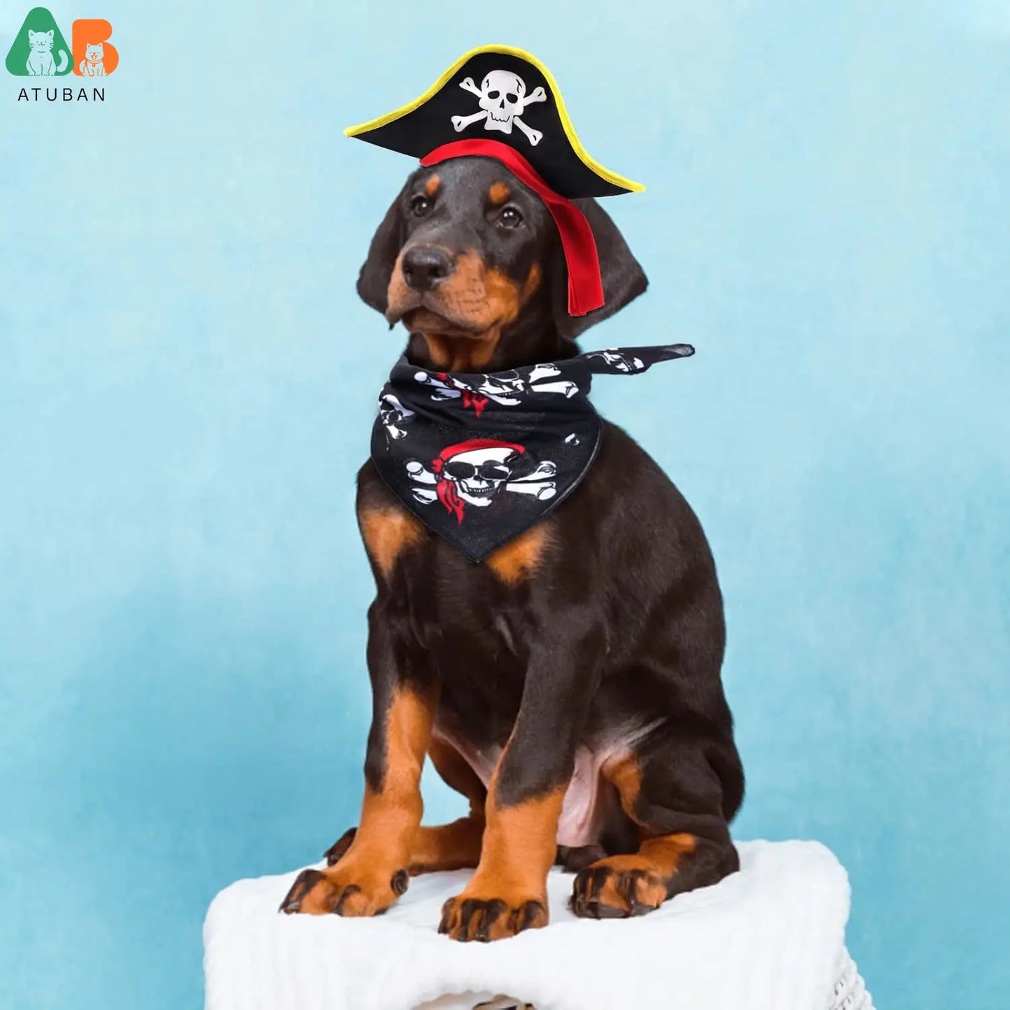 ATUBAN Skull Print Pet Pirate Hat with Pirate Skull Bandana Dog Cat Captain Cap Halloween Pirate Cosplay Costume Halloween Party