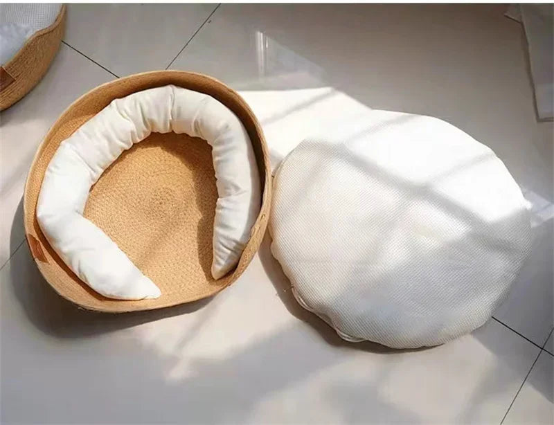 Bamboo Weaving Cat Bed Sofa House - Eco-Friendly Warm Pet Nest for Indoor Cats, Small Medium Cat Furniture Pet Sleeping Supplies