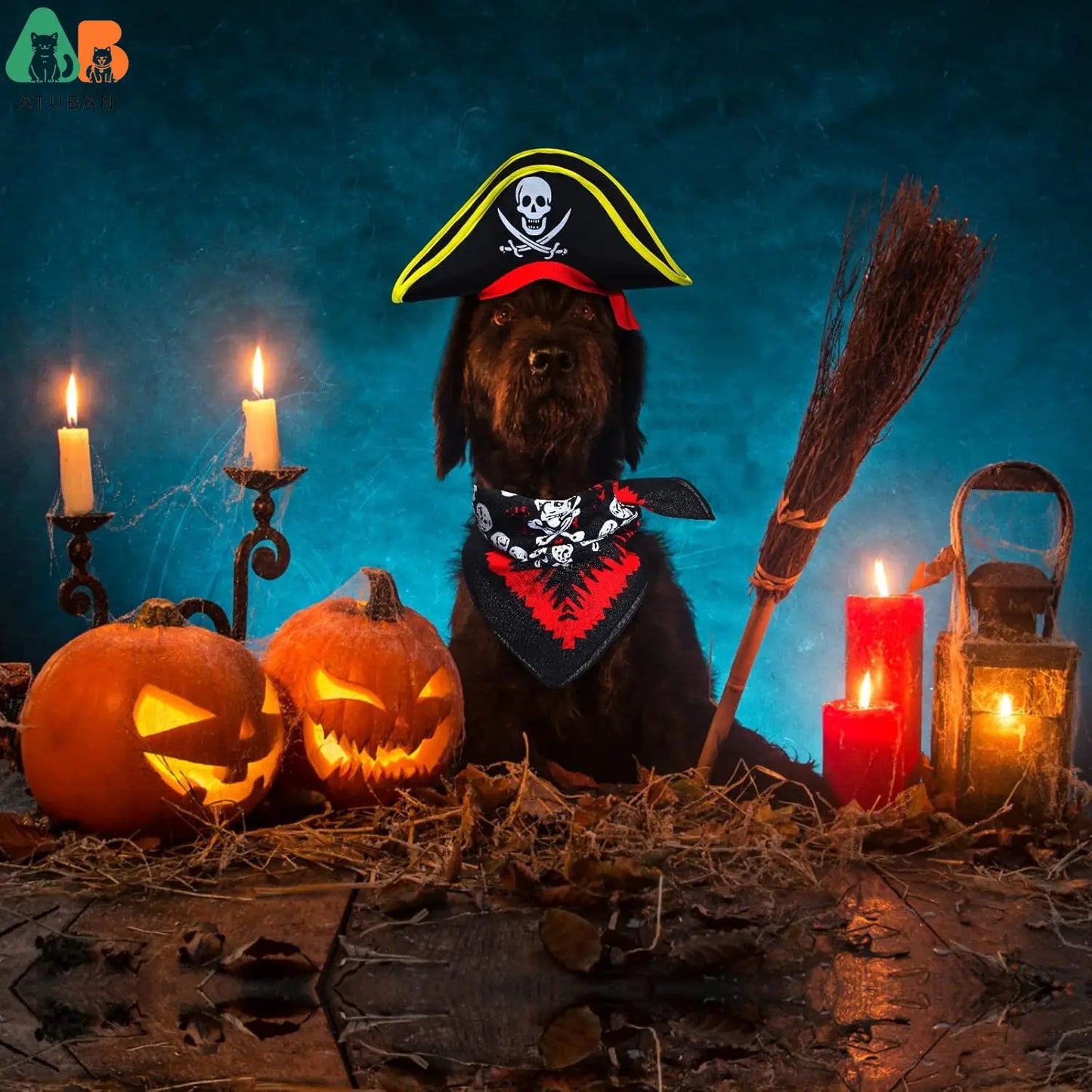 ATUBAN Skull Print Pet Pirate Hat with Pirate Skull Bandana Dog Cat Captain Cap Halloween Pirate Cosplay Costume Halloween Party