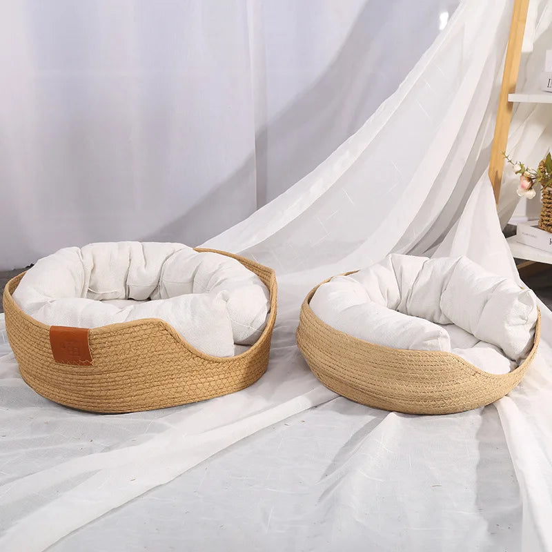Bamboo Weaving Cat Bed Sofa House - Eco-Friendly Warm Pet Nest for Indoor Cats, Small Medium Cat Furniture Pet Sleeping Supplies