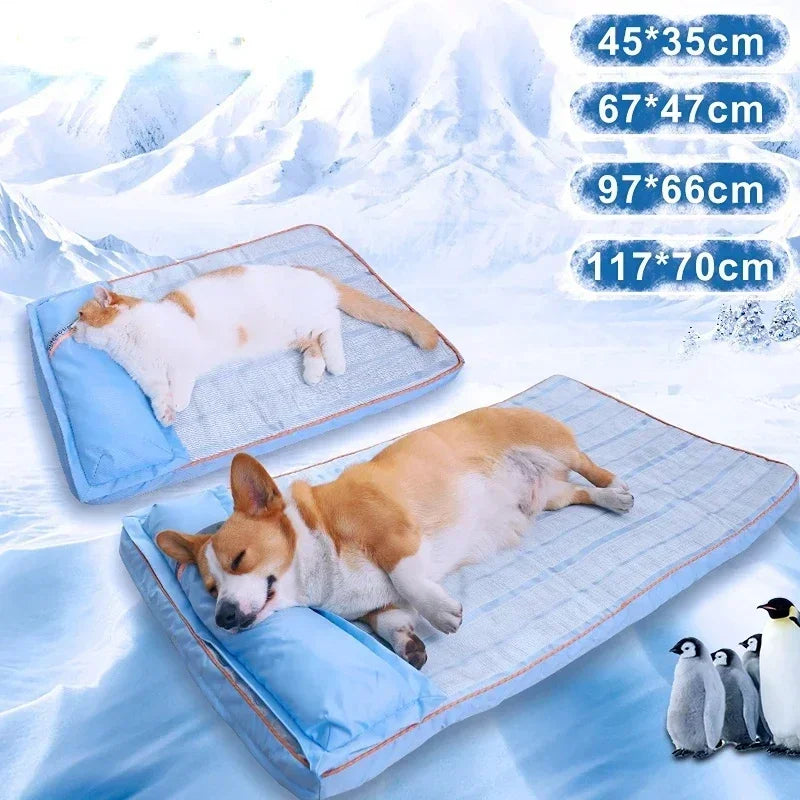 Kühlendes Hundebett für den Sommer, für große und mittelgroße Hunde, Welpen, orthopädische Memory-Schaum-Matte mit Kissen, atmungsaktiv, wasserdicht, waschbar