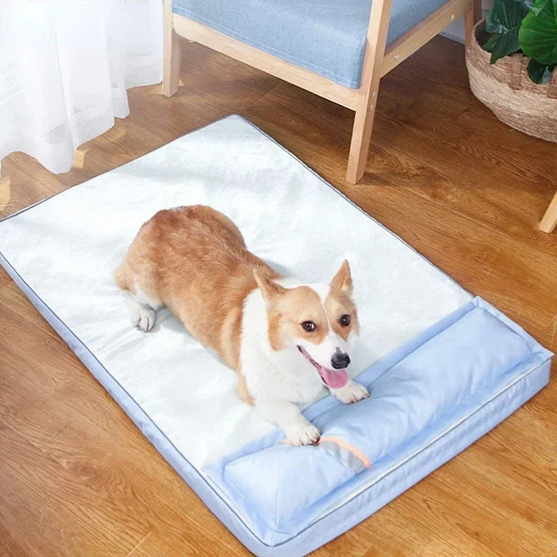Kühlendes Hundebett für den Sommer, für große und mittelgroße Hunde, Welpen, orthopädische Memory-Schaum-Matte mit Kissen, atmungsaktiv, wasserdicht, waschbar