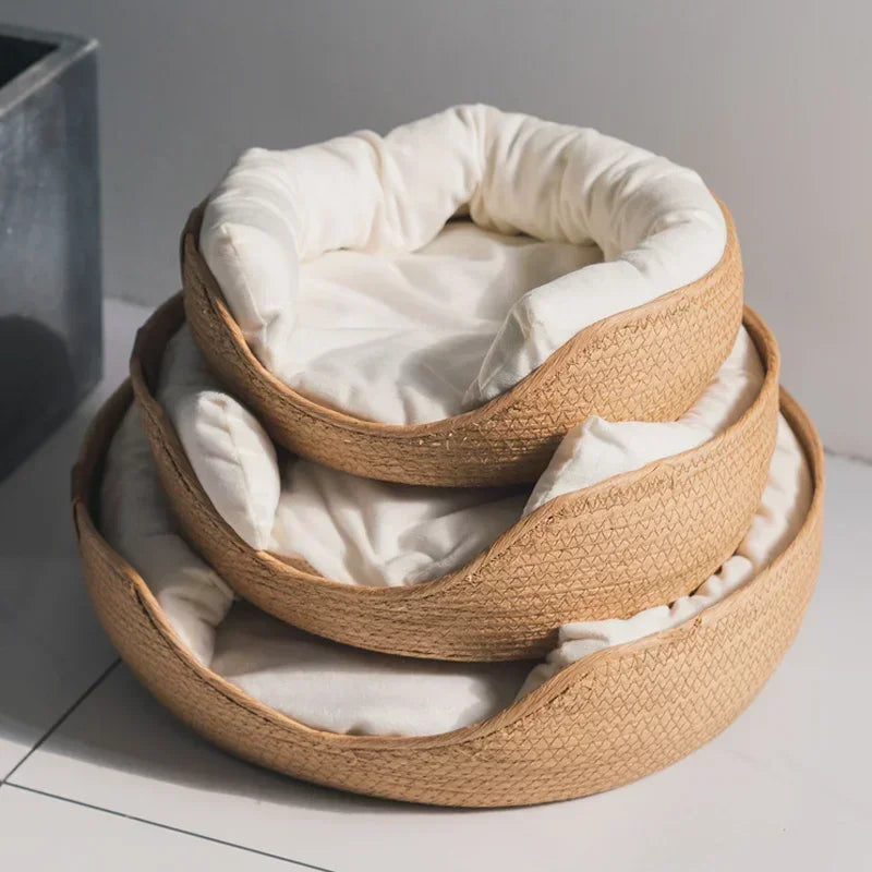 Bamboo Weaving Cat Bed Sofa House - Eco-Friendly Warm Pet Nest for Indoor Cats, Small Medium Cat Furniture Pet Sleeping Supplies