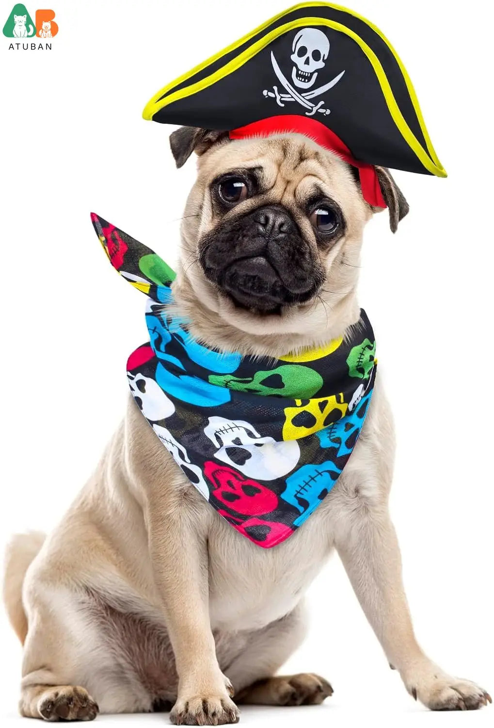 ATUBAN Skull Print Pet Pirate Hat with Pirate Skull Bandana Dog Cat Captain Cap Halloween Pirate Cosplay Costume Halloween Party