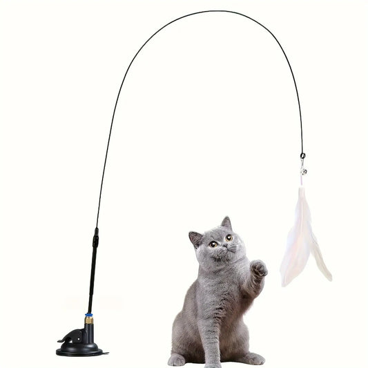 Katzenspielzeug – Interaktives Glöckchen und Federstab – Lange Stange mit Saugnapf für spannende Spielabenteuer – Ultimatives Katzenspielzeug