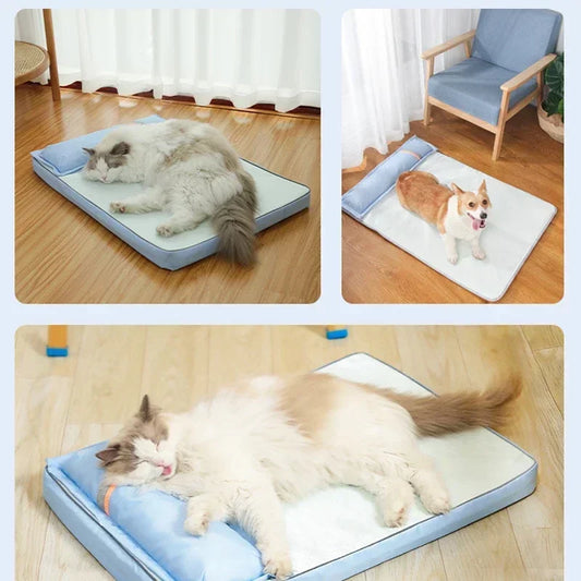 Kühlendes Hundebett für den Sommer, für große und mittelgroße Hunde, Welpen, orthopädische Memory-Schaum-Matte mit Kissen, atmungsaktiv, wasserdicht, waschbar