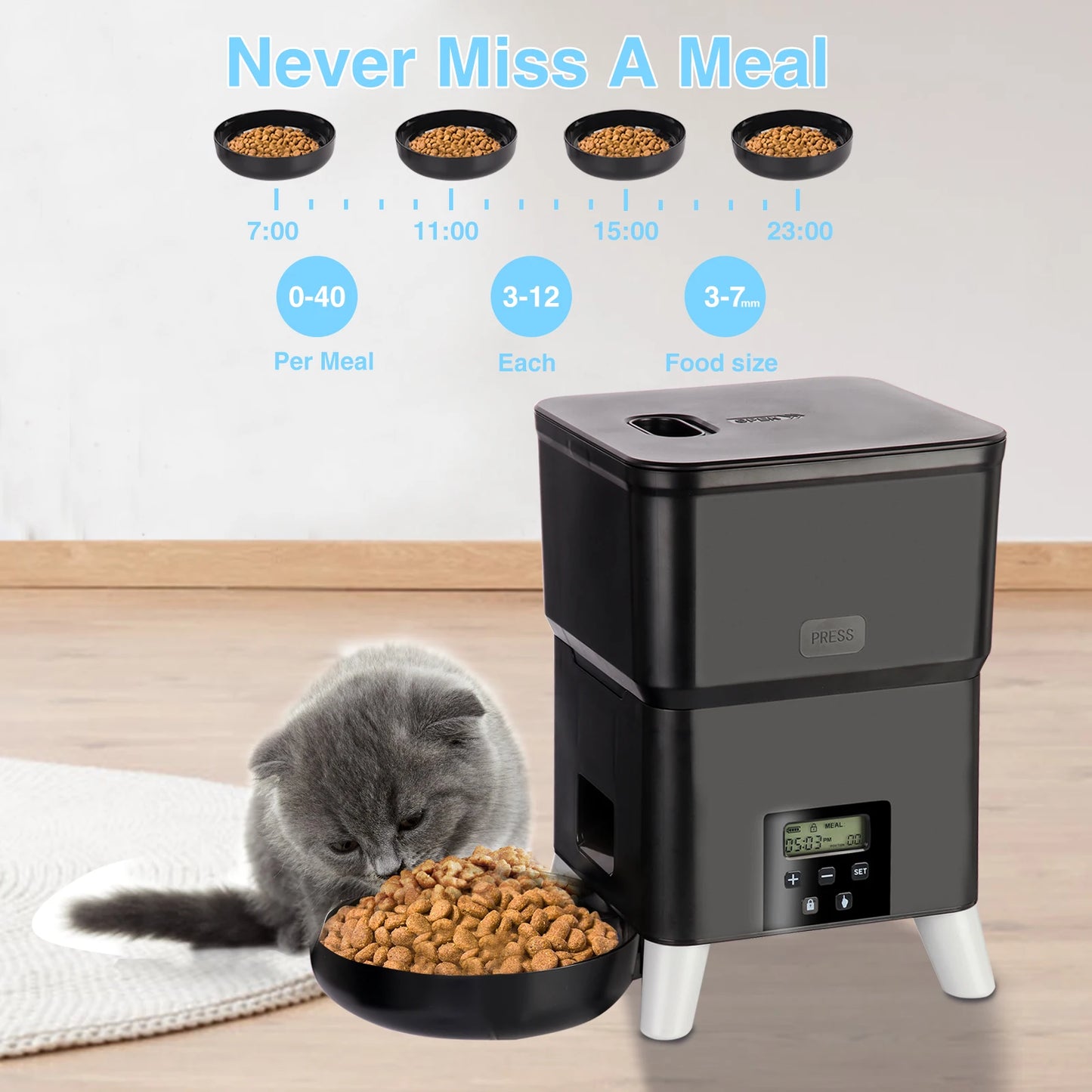 Automatischer Futterspender für Katzen mit Knopf, intelligenter, langsamer Futterspender für Hunde mit großer Kapazität und Zeitsteuerung, Futternapf für Katzentrockenfutter