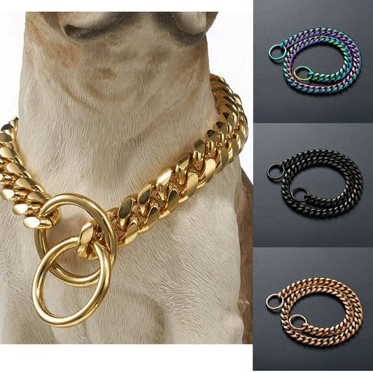 Hundehalsband mit Kette, Schwarz/Gold, 10 mm, kubanische Glieder, Hundehalsband, Schlupfkette aus Edelstahl für Hunde, strapazierfähig und kaufest